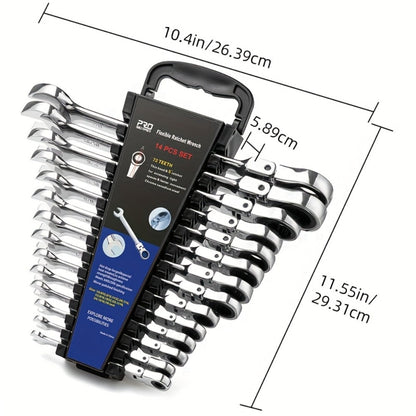 Flex Head Ratcheting Wrench Set SAE 14-Piece – 1/4" to 7/8" Chrome Vanadium Steel 72-Tooth 180° Flex Head with Organizer Rack for Auto