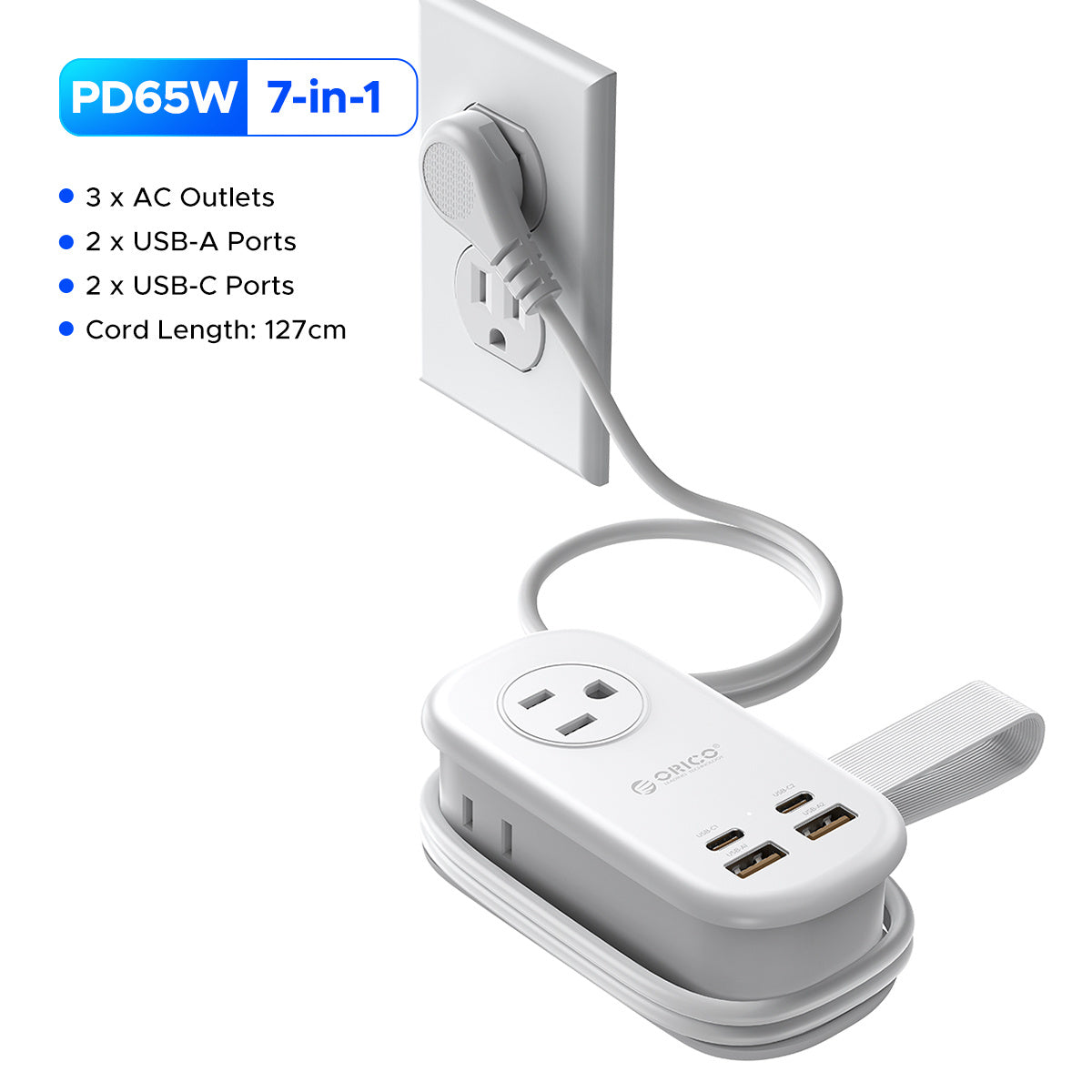 GaN 65W Portable Power Strip Fast Charging - 3 AC Outlets, 2 USB-C & 2 USB-A Ports, Flat Plug, 50-inch Cable