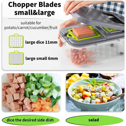 22-in-1 Vegetable Chopper with Gray Container, 13 Blade Inserts, Lemon Squeezer and Egg Separator Accessories