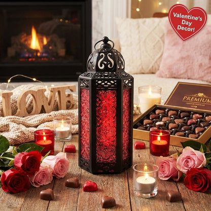 Moroccan Candle Lantern Holder - Decorative Metal & Glass Lantern with Embossed Floral Design for Indoor Home Decor