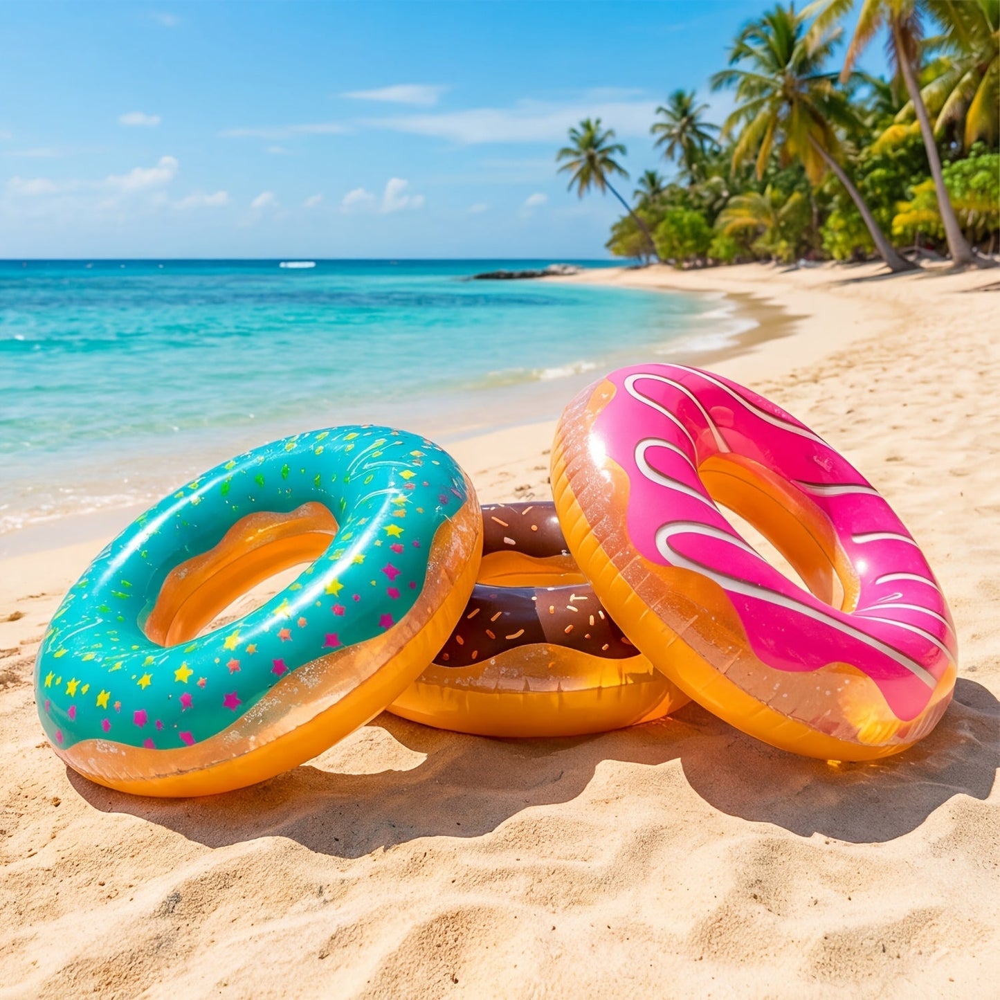 Pool Float Donut Ring Three-Pack with Glitter-Style Strawberry, Chocolate and Mint Designs, 32.5-Inch Diameter