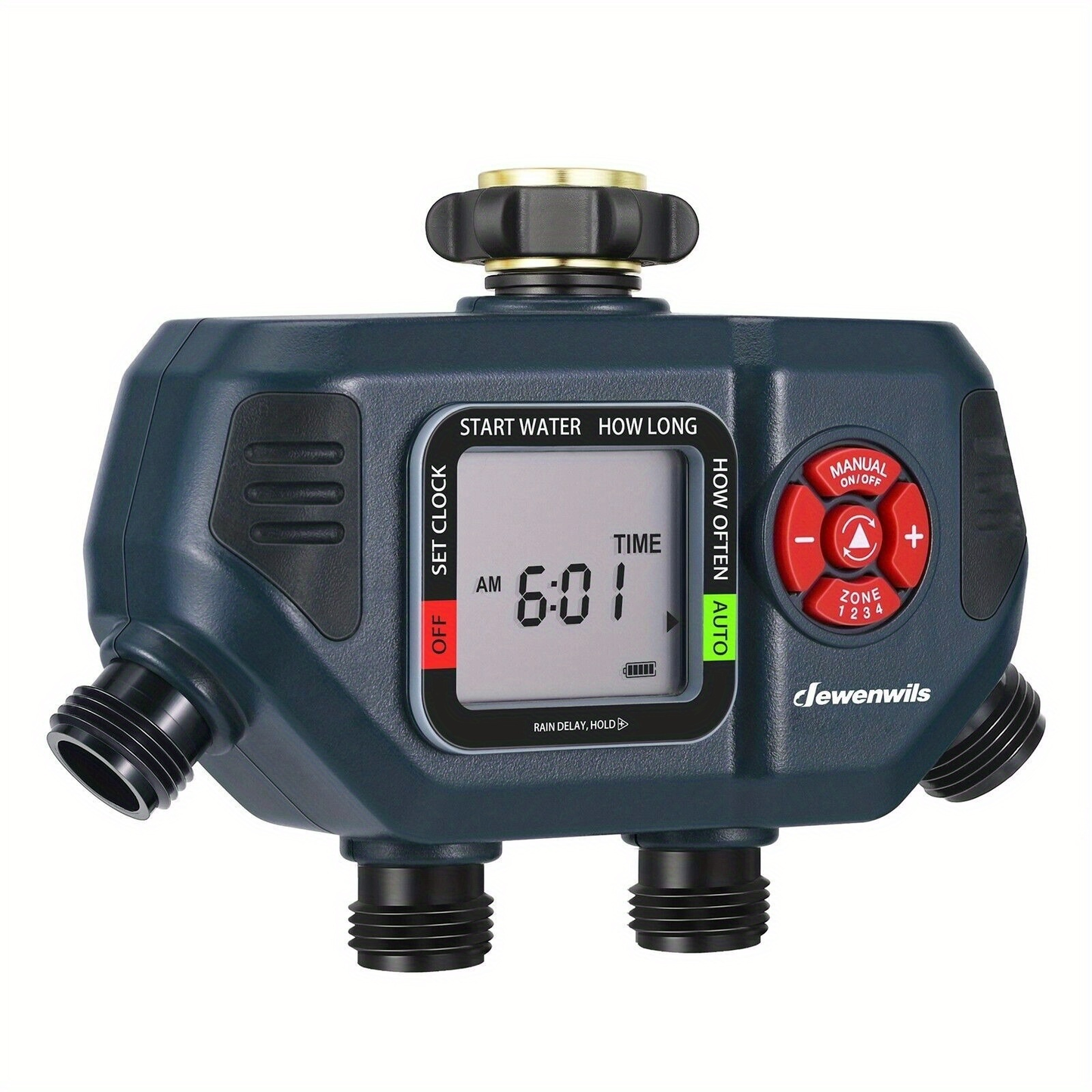 Four-Zone Digital Sprinkler Timer with Independent Water Outlets, LCD Screen, Manual Control and Rain-Delay Mode