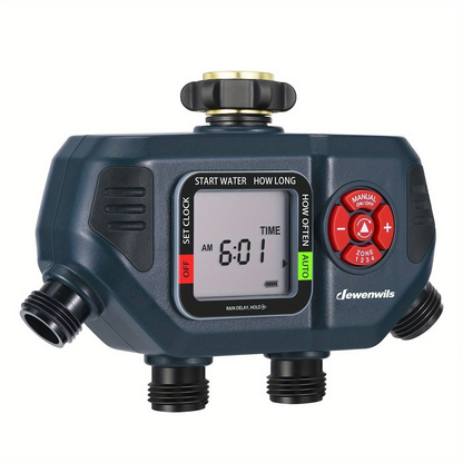 Four-Zone Digital Sprinkler Timer with Independent Water Outlets, LCD Screen, Manual Control and Rain-Delay Mode