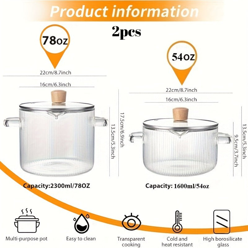 Glass Saucepan Set 2-Pack Stovetop Safe Borosilicate Ribbed Pots with Lids – 78oz & 54oz Heat Resistant Cookware for Soup, Ramen