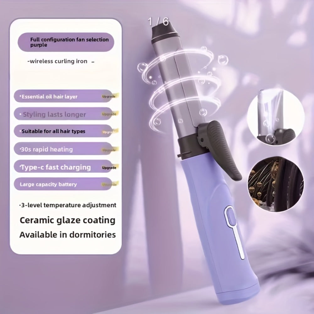 Cordless Mini Curling Iron Wireless Rechargeable Portable Hair Curler, Ceramic Barrel for Airy Bangs