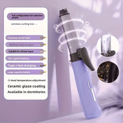 Cordless Mini Curling Iron Wireless Rechargeable Portable Hair Curler, Ceramic Barrel for Airy Bangs