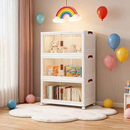 Stackable Foldable Storage Cabinet with Door, PP Plastic 1/2/3/4/5 Layer Organizer Box with Wheels & Cover