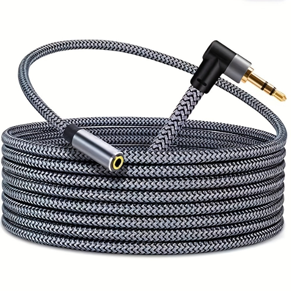 Right-Angle Elbow 3.5mm Female to Male AUX Extension Cable, Tinned Copper Core, Round Tangle-Free Design