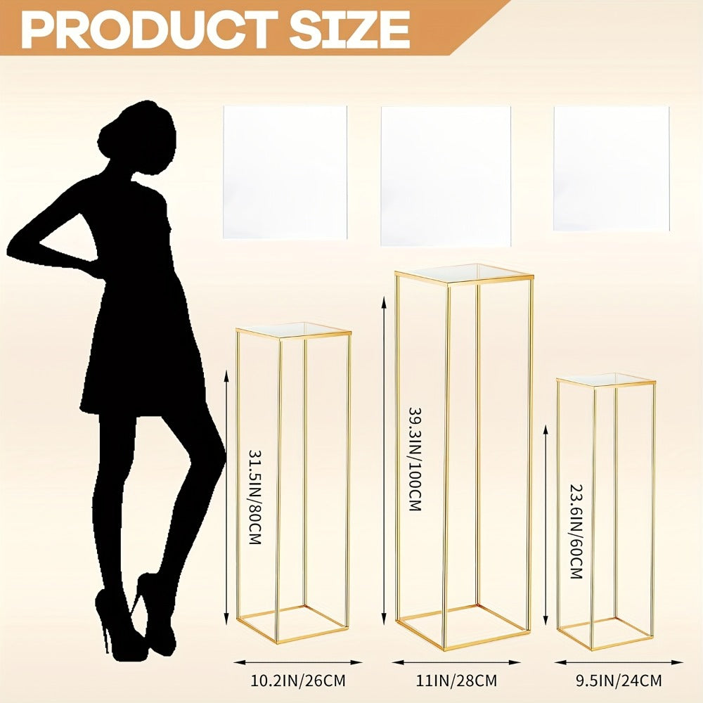 Golden Metal Dessert Display Stands with Three-Piece Square Pedestal Set or Double-Layer Hexagon Stand