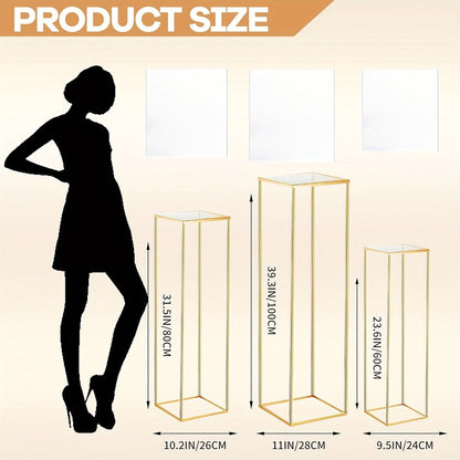 Golden Metal Dessert Display Stands with Three-Piece Square Pedestal Set or Double-Layer Hexagon Stand