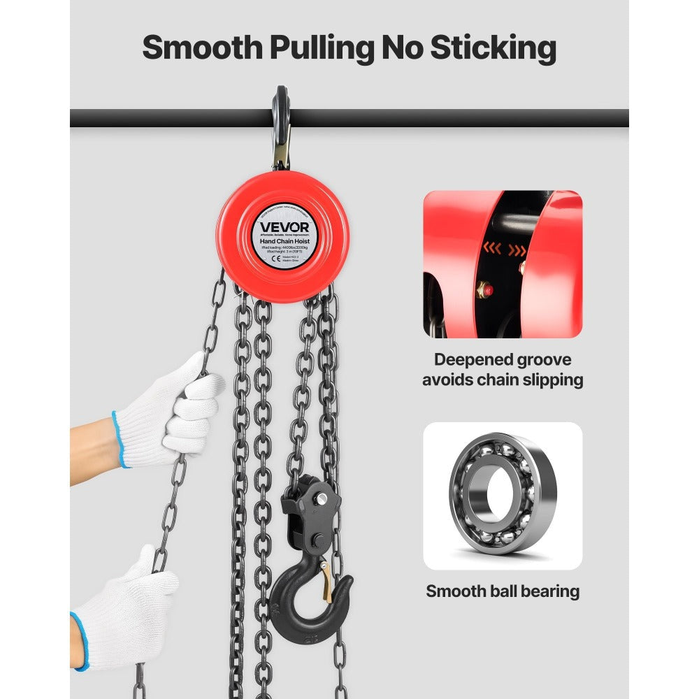 Hand Chain Hoist / Manual Chain Block with G70 Chain, 8 ft / 10 ft / 20 ft Lift Height, 360° Rotating Hooks
