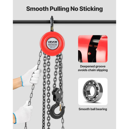 Hand Chain Hoist / Manual Chain Block with G70 Chain, 8 ft / 10 ft / 20 ft Lift Height, 360° Rotating Hooks