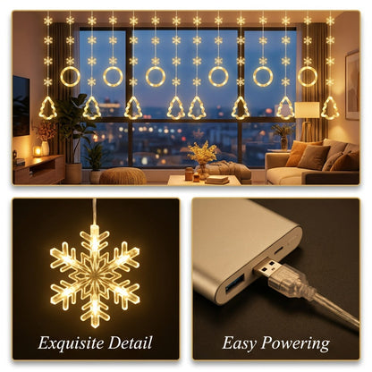 String Lights, 118-Inch USB Holiday Curtain with Ten Snowflake or Star-and-Tree Drops for Indoor Display