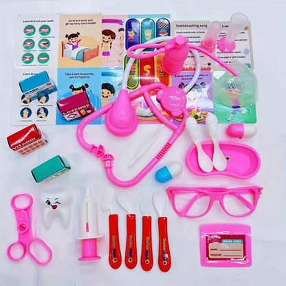 Pink Doctor Kit for Girls 40pcs, Pretend Play Nurse Toy Set with Stethoscope, Syringe, Dental Accessories & Medical Tools