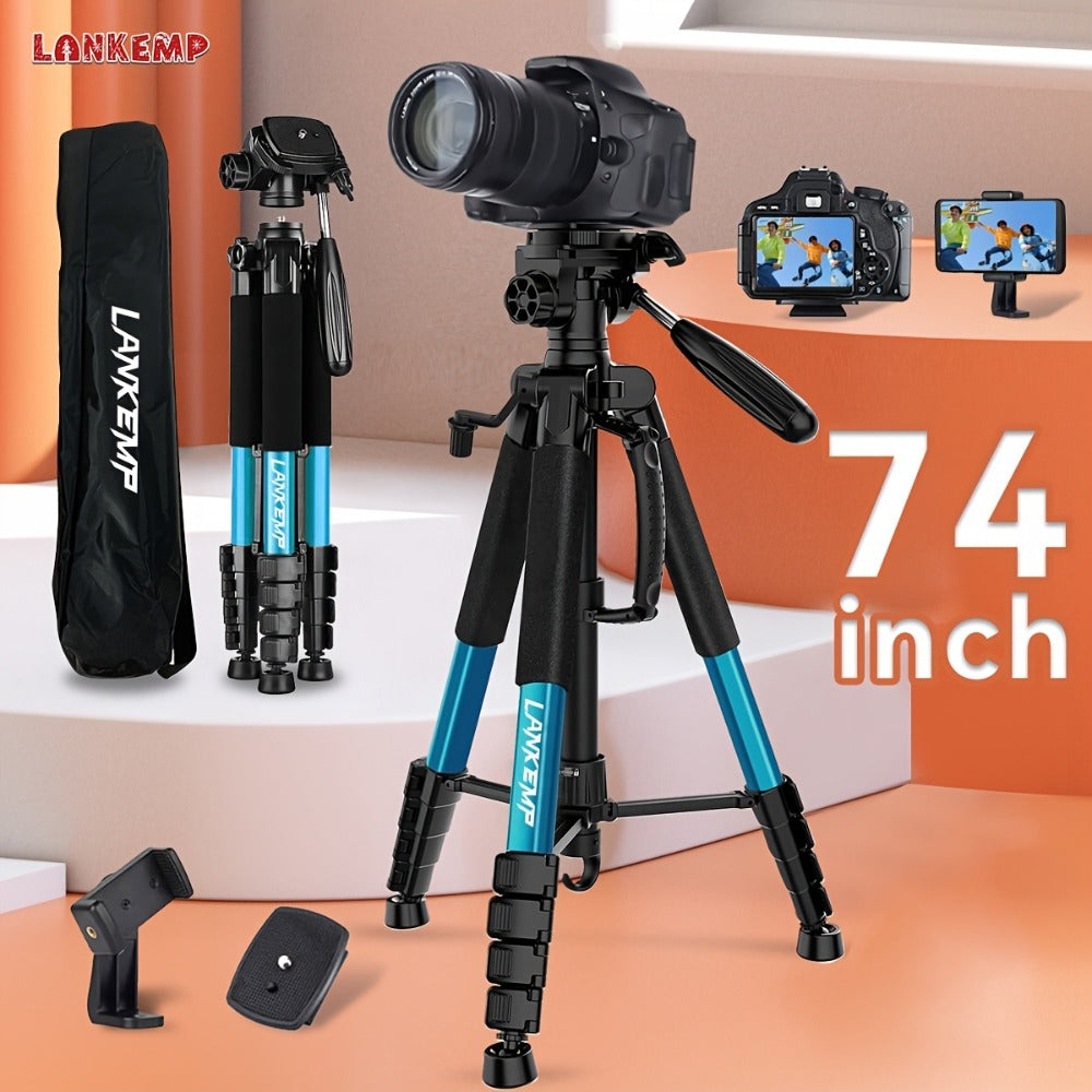 74-Inch Aluminum Camera Tripod in Black with Three-Way Pan Head, Two Quick-Release Plates, Phone Clip and Carry Bag