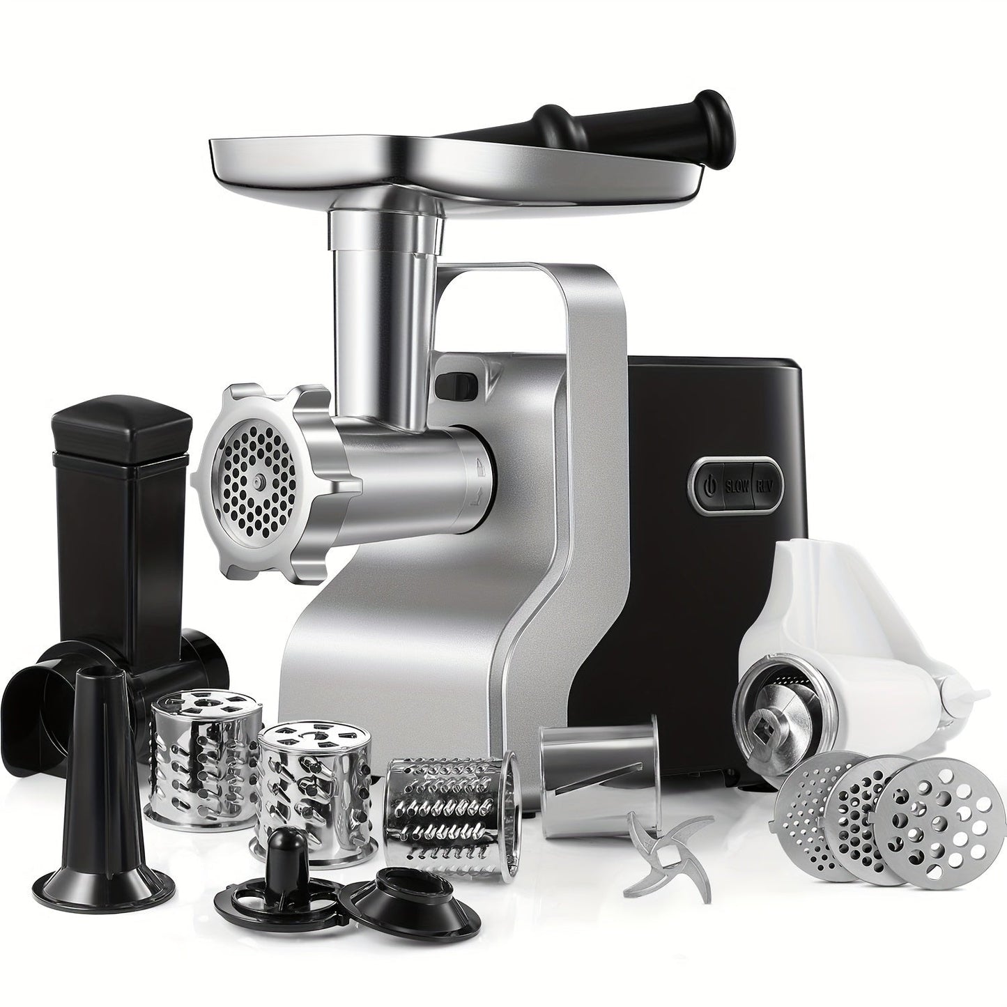 Electric Meat Grinder 5-in-1 with Sausage Stuffer Vegetable Slicer Tomato Juicer Kubbe Kit 3 Grinding Plates 3 Speed Settings per Min