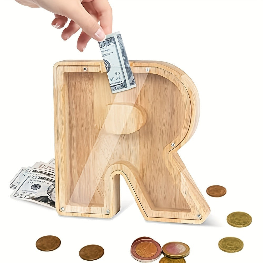Personalized Wooden Piggy Bank for Kids – A-Z Alphabet Letter Initial Coin & Bill Savings Bank for Boys & Girls