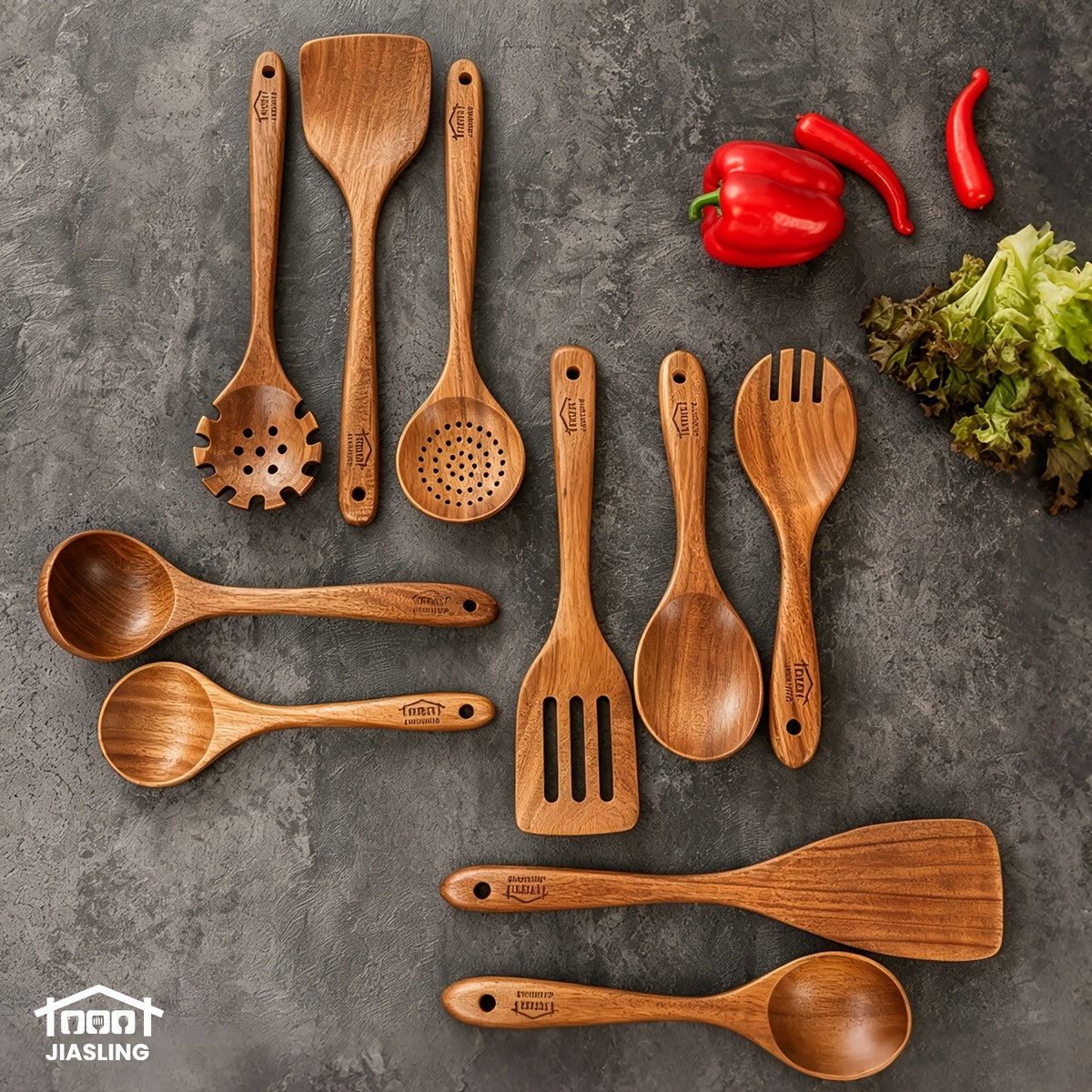 Kitchen Utensils 10-Piece Teak Wood Spoon and Spatula Set with Thickened, Basic and Shovel Configurations