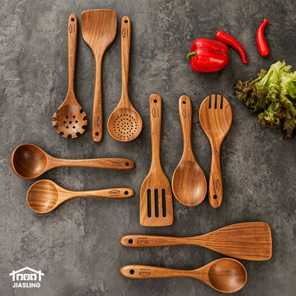 Kitchen Utensils 10-Piece Teak Wood Spoon and Spatula Set with Thickened, Basic and Shovel Configurations