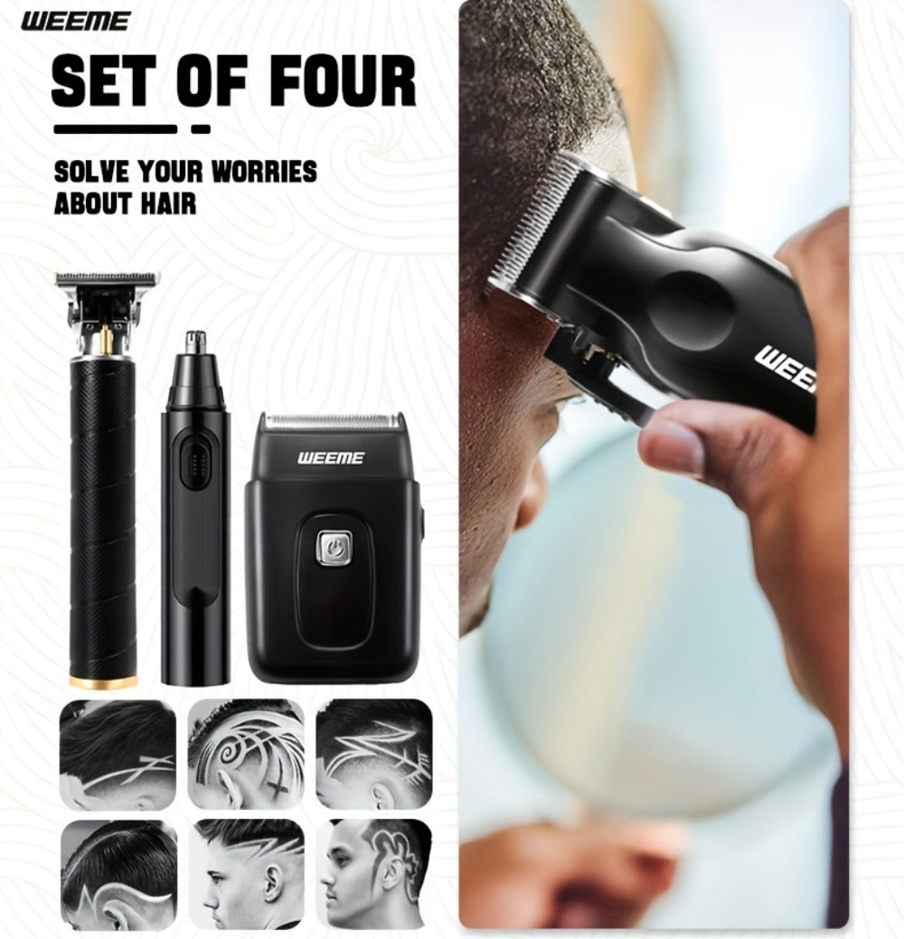 Men's Grooming Kit 4-Piece Set, USB Rechargeable Hair Clipper, Nose Trimmer, Electric Shaver & T9 Detailer with 8 Guide Combs