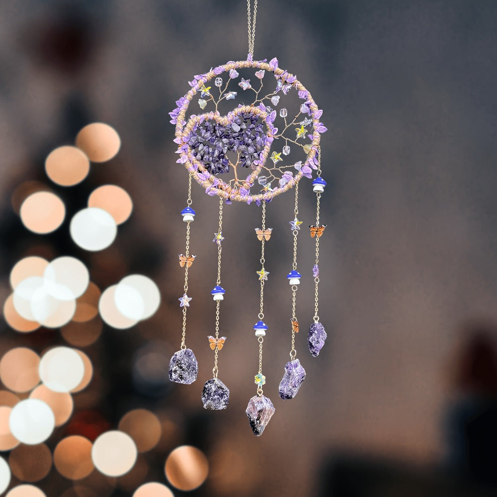 Boho Crystal Wall Hanging Decor – Handmade Stone Bead Wind Chime with Colorful Gemstone Heart & Circular Crystal Pendant for Bedroom Living