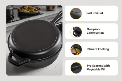2-in-1 Cast Iron Dutch Oven with 26cm Deep Pot and Long-Handle Skillet Lid for Stovetop, Oven or Campfire