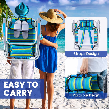 Folding Beach Chair Lay Flat Camping Chair for Adults 4 Position Adjustable Backpack Chair with Cup Holder Towel Bar Cooler Pouch