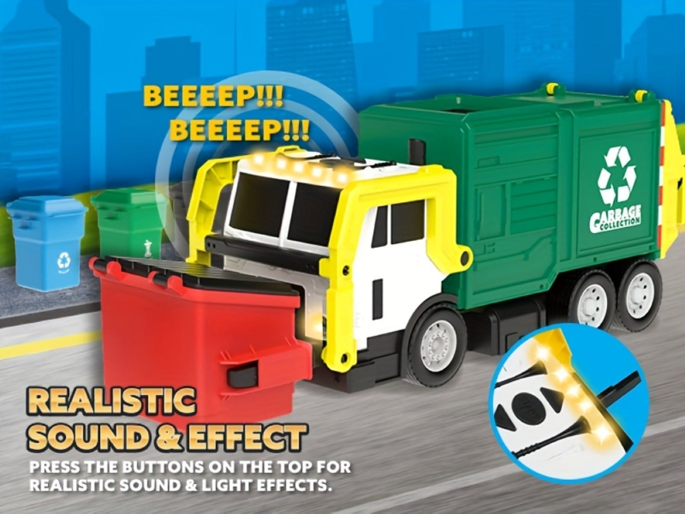 Garbage Truck Toy Set 16-Inch Large Friction-Powered with Lights & Sounds, Color-Coded Trash Bins