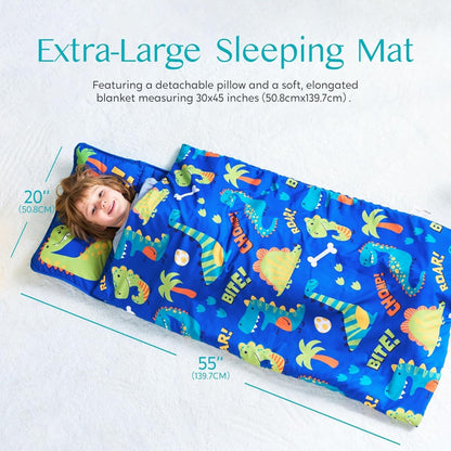 Kids Nap Mat with Removable Pillow & Minky Blanket - Roll-Up Sleeping Bag for Boys Girls, Blue Dinosaur Design