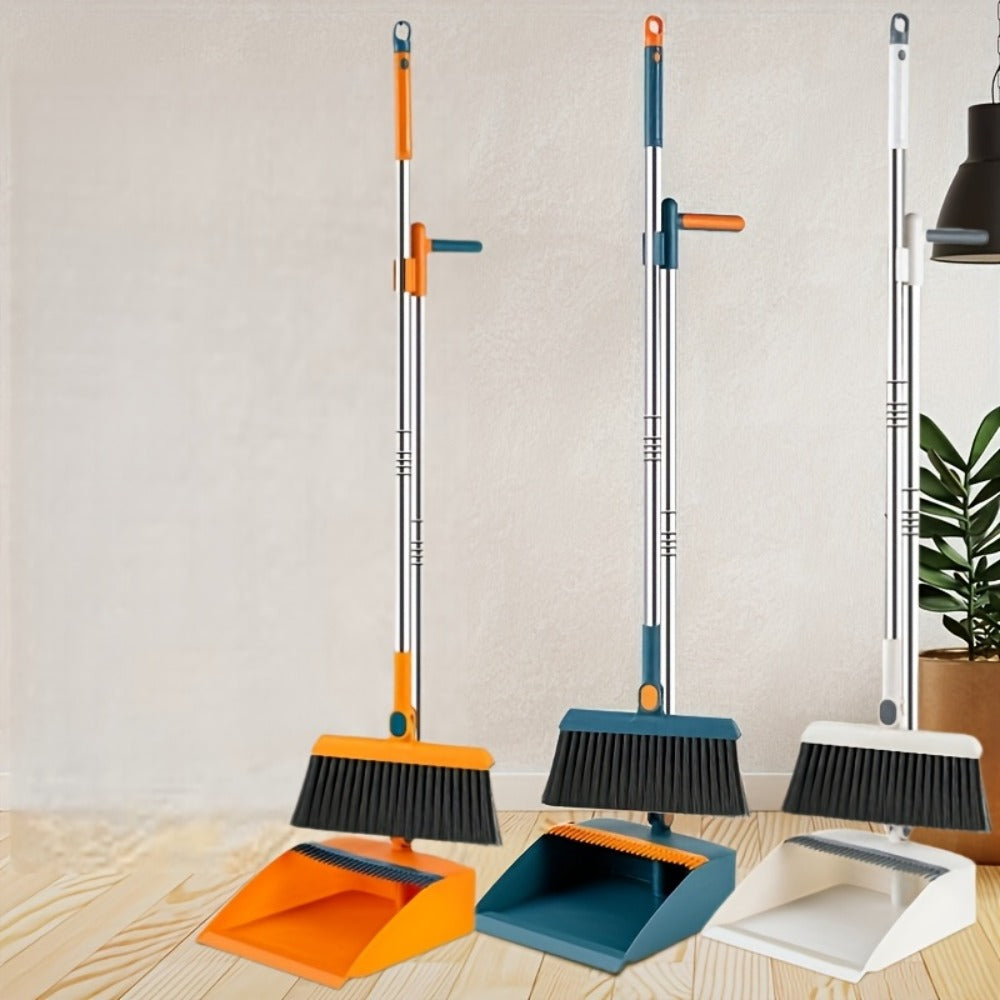 Long-Handle Broom and Dustpan Cleaning Set with Comb Teeth in Blue, Orange, White, Purple or Green
