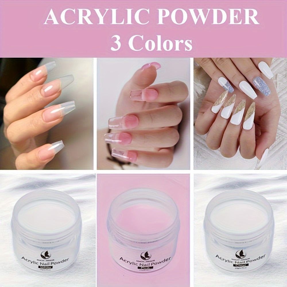 Acrylic Nail Kit with Clear Pink White Powders, Liquid Monomer, Four Brushes, Forms and Mixing Dish