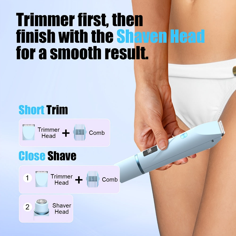 Electric Shaver 2-in-1 Dual-Head Bikini Trimmer with Digital Battery Display and Waterproof Wet/Dry Use
