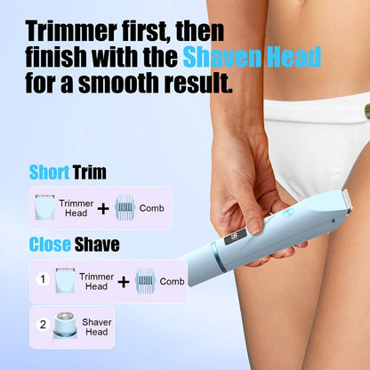 Electric Shaver 2-in-1 Dual-Head Bikini Trimmer with Digital Battery Display and Waterproof Wet/Dry Use