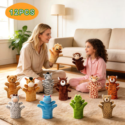 Twelve-Piece Zoo Animal Hand Puppet Set with Bear, Zebra, Lion, Giraffe, Hippo and More Designs