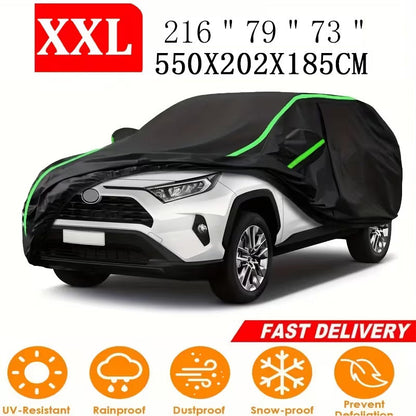 210T 6-Layer Full Car Cover for SUV & Sedan – All Weather Waterproof, UV, Snow & Dust Proof with Reflective Strips – XL & XXL Black