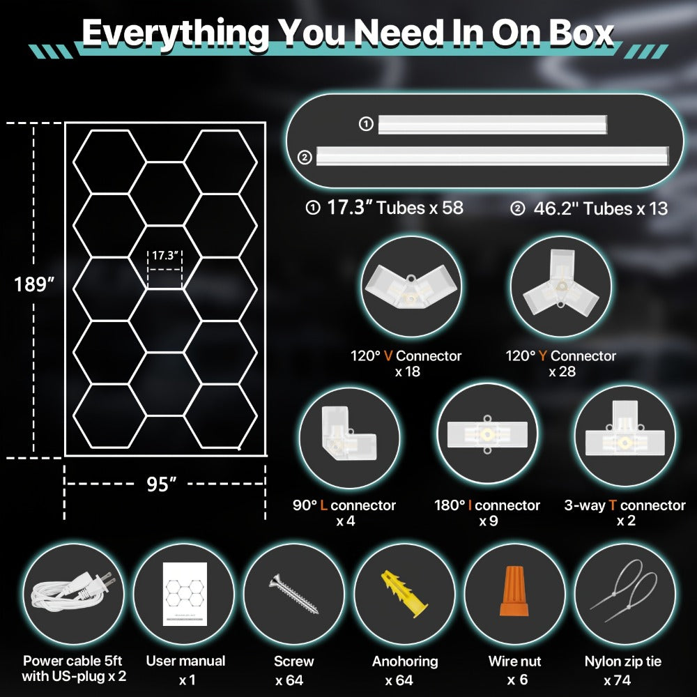 LED Hexagonal Garage Light 6500K, Super Bright Daylight White Shop Light 42W, 620W for Auto Detailing