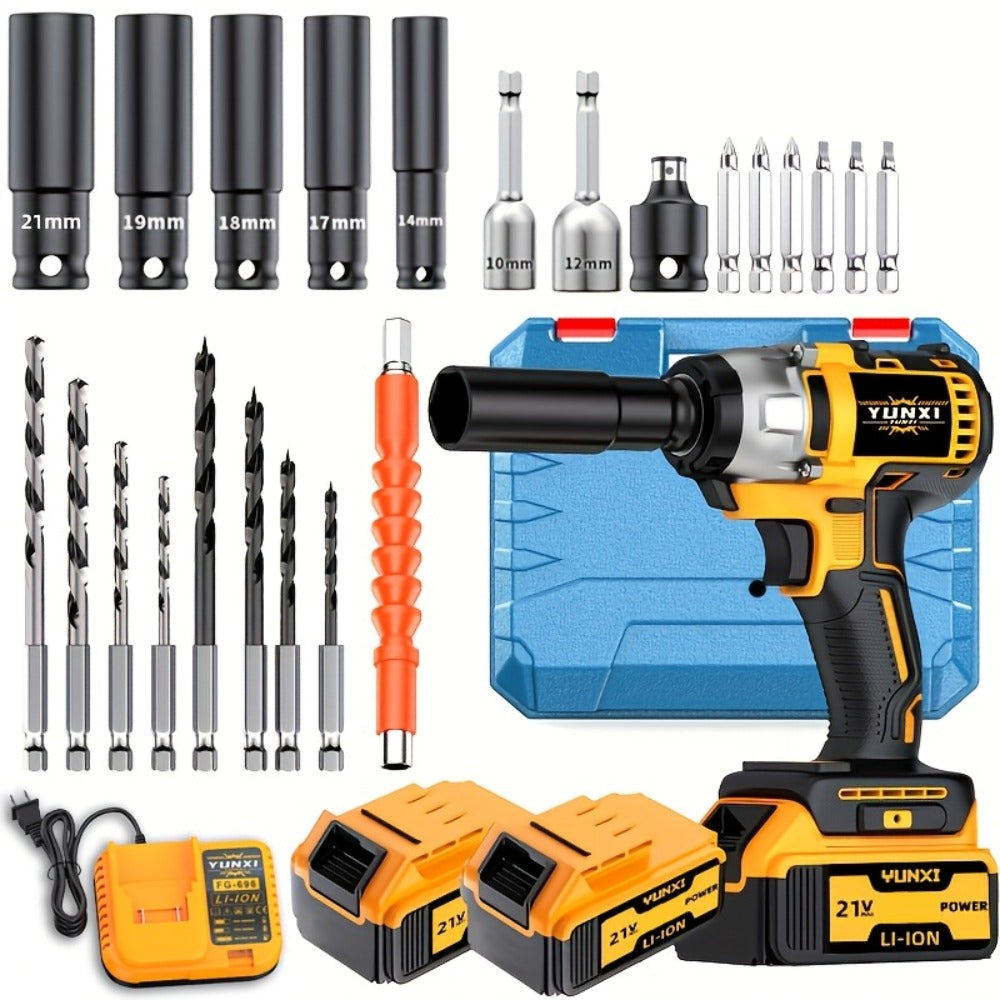 Cordless Impact Wrench 21V Brushless Electric Drill Set with 4000mAh Battery, Toolbox & Full Accessories