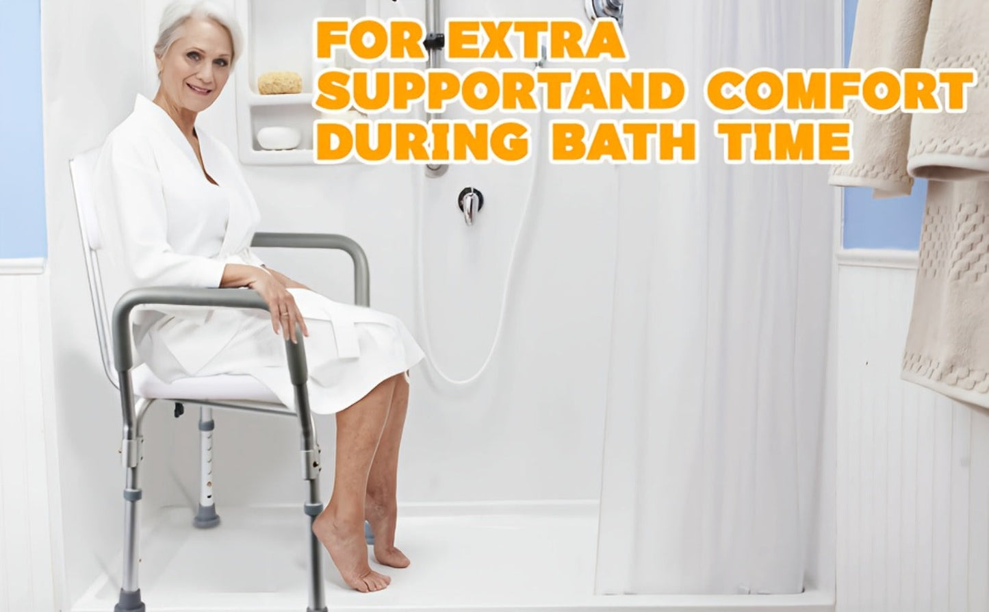 Shower Chair with Armrests & Backrest, Height Adjustable Aluminum Bath Seat, Rubber Feet, Cushioned Support for Elderly