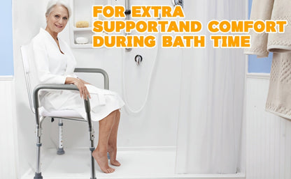 Shower Chair with Armrests & Backrest, Height Adjustable Aluminum Bath Seat, Rubber Feet, Cushioned Support for Elderly