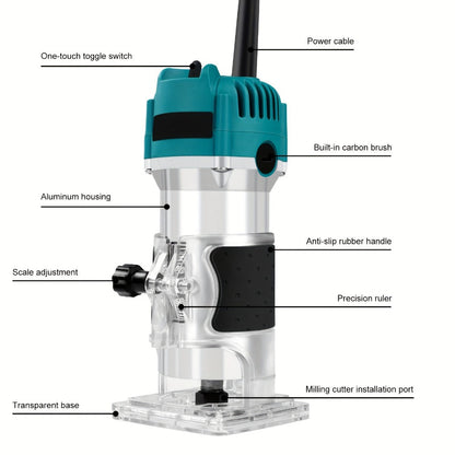 Six-Speed 800W Laminate Trimmer with Clear Base, Shaft Lock and Guide Accessories in Blue Housing