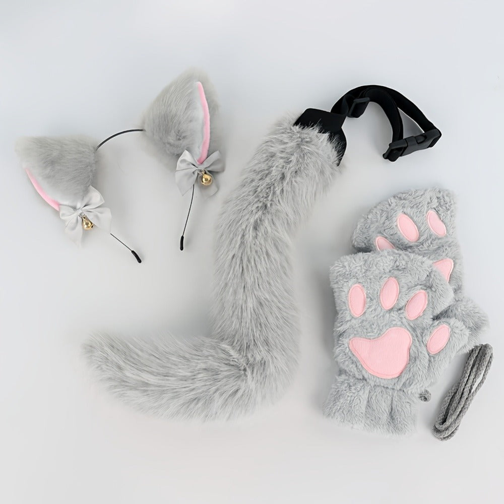 Cat Costume Set 3 Piece, Bell Ear Headband, Plush Paw Gloves & Adjustable Tail for Halloween, Cosplay