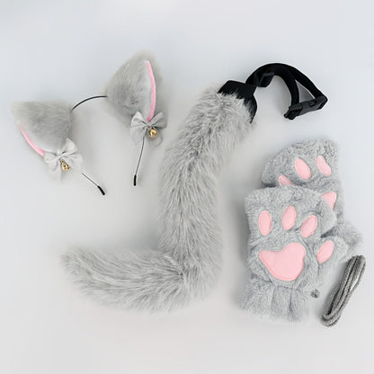 Cat Costume Set 3 Piece, Bell Ear Headband, Plush Paw Gloves & Adjustable Tail for Halloween, Cosplay