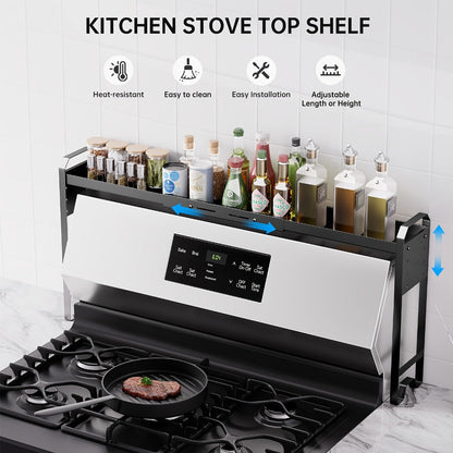 Expandable Stove Shelf Kitchen Organizer with 27.4-32.7-Inch Width, Adjustable Height and Utility Hooks