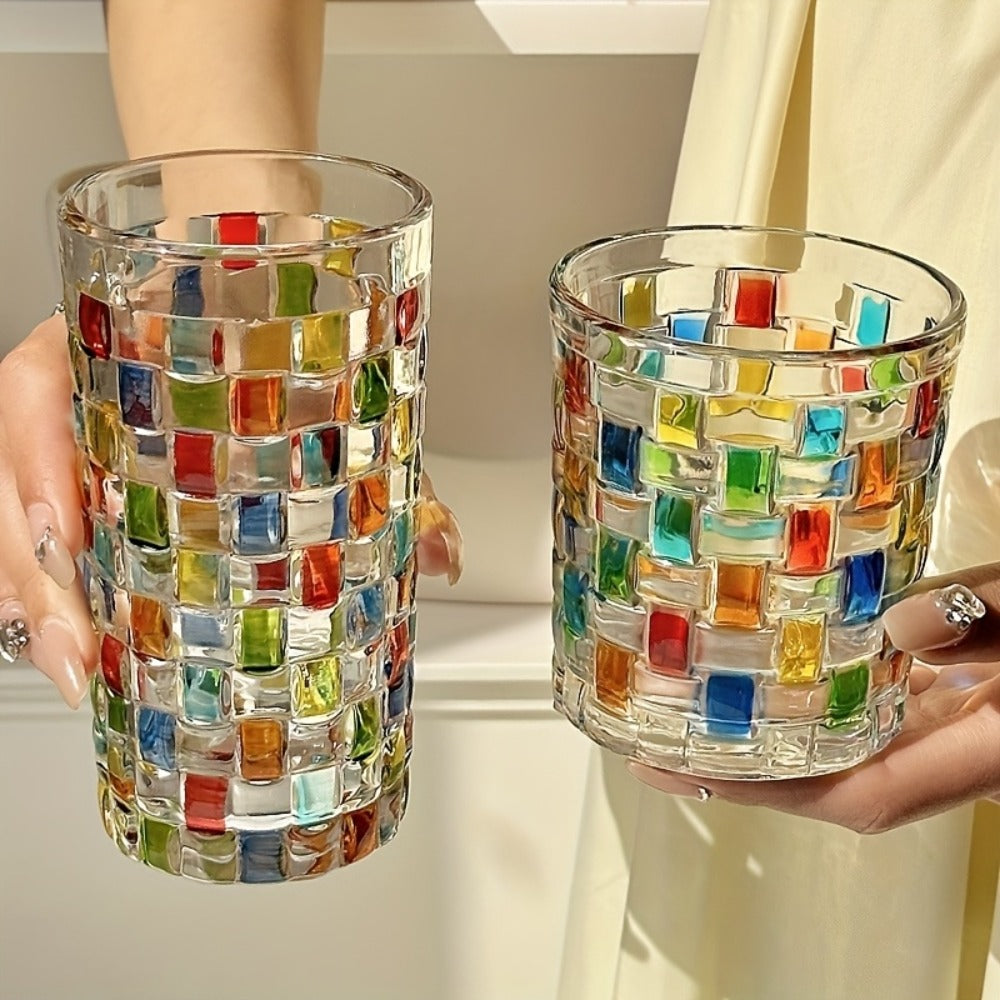 Hand-Painted Drinking Glasses Set – Colorful Square Lattice Woven Handcrafted Glass for Water, Juice, Whiskey & Beer