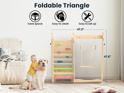 Foldable Indoor Wooden Jungle Gym for Toddlers, 4-in-1 Climbing Frame with Swing, Slide & Ladder