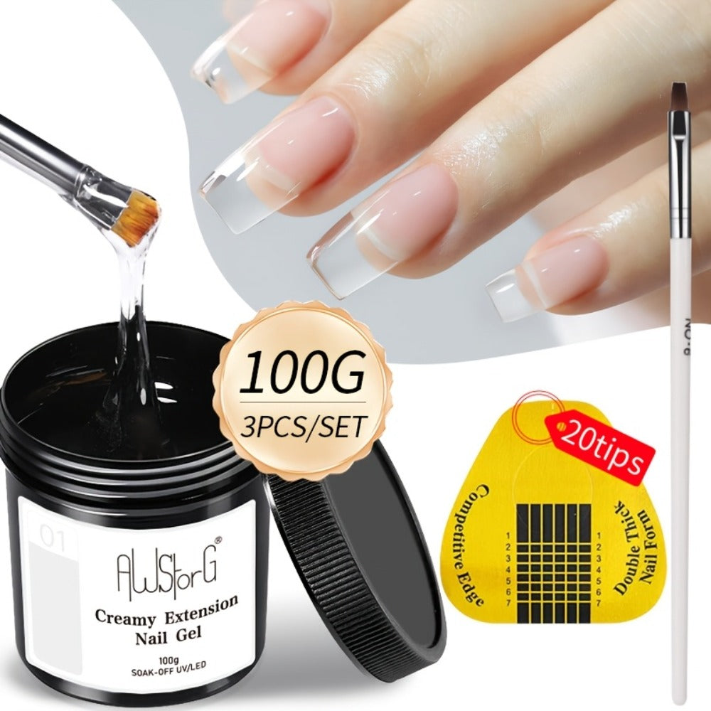 Clear Nail Extension Builder Gel Kit, Three 100g Containers for UV LED Manicure Length and Structure