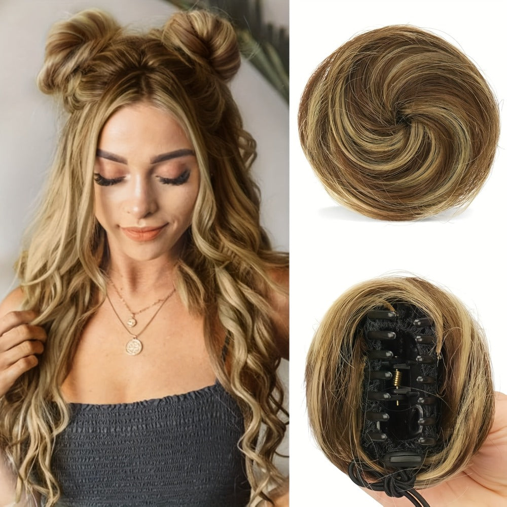 Mini Donut Bun Hairpiece with Cat Ears Claw Clip Messy Bun Synthetic Fiber Instant Updo – 2 Pcs Set for Women Girls All Hair Types Natural