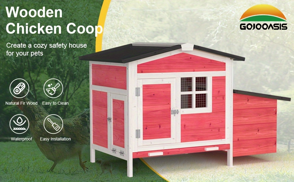 Hen House Outdoor Wooden Chicken Coop with Nesting Box Ramp Removable Tray Elevated Design Fir Wood for Garden, Patio and Yard Use