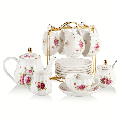 Porcelain Tea Set for 6 - 22 Piece British Royal Floral Service with Teapot, Cups & Saucers, Sugar Bowl