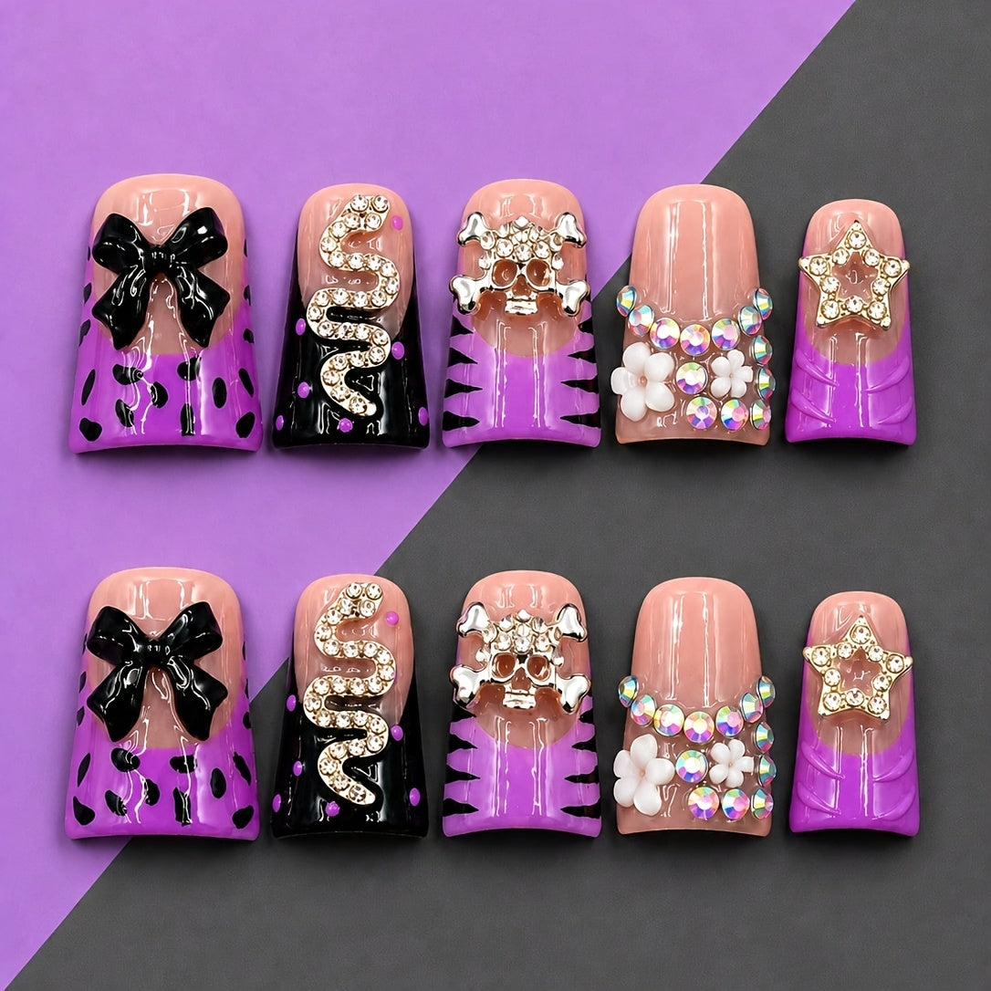 Press On Nails 10-Piece Handmade Short Duckbill Leopard Skull Rhinestone Acrylic Set with Tools